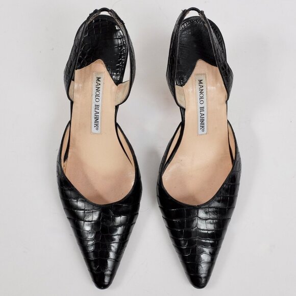 Manolo Blahnik Carolyne crocodile alligator shoes 38 US 8 black slingback - Picture 2 of 8